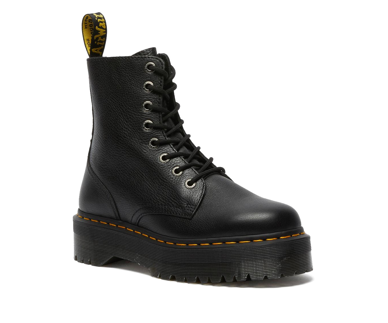 A mid-ankle height, laced, black leather platform boot.