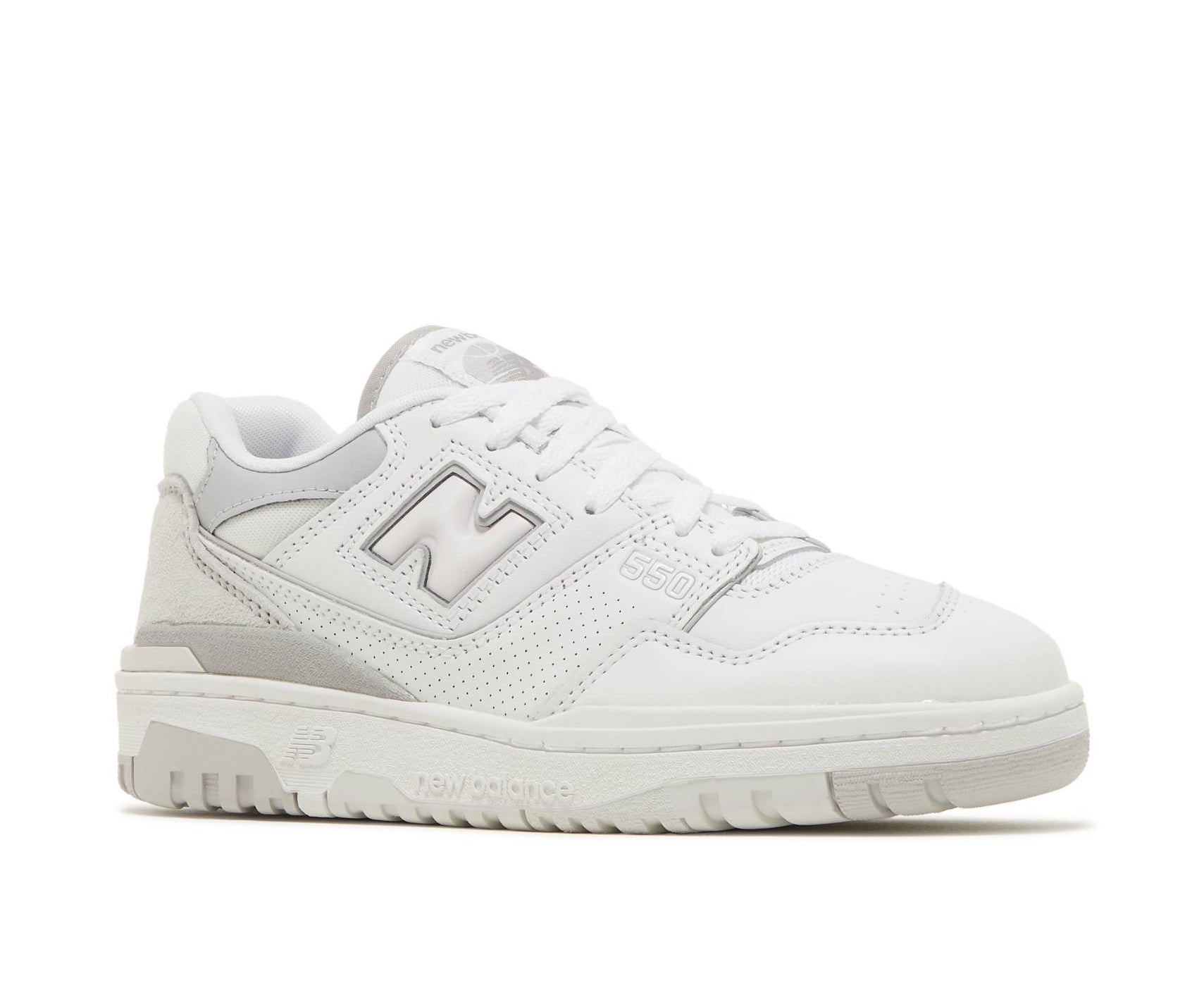 A white leather basketball sneaker from New Balance.