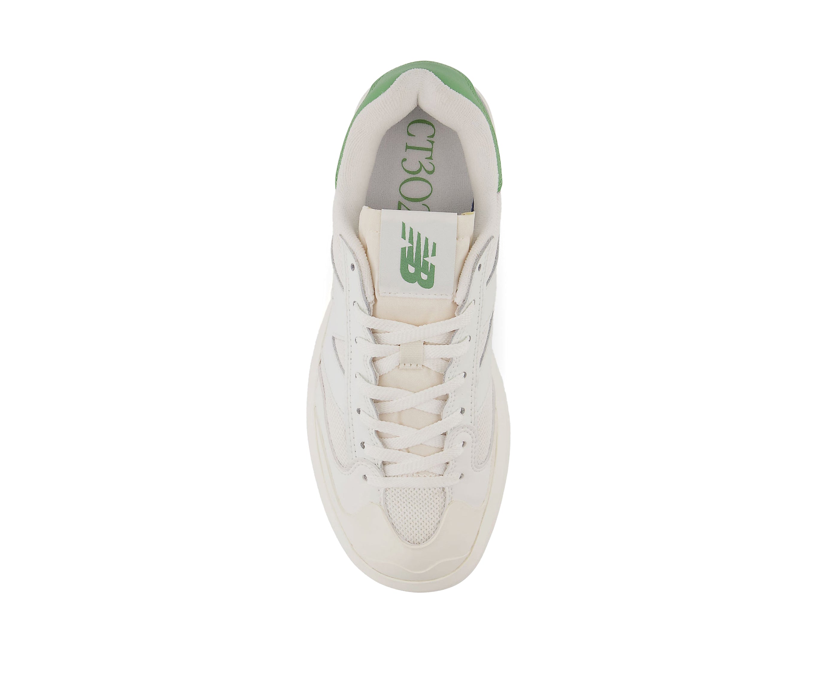 An off-white mixed canvas and leather platform sneaker with green accents from New Balance.
