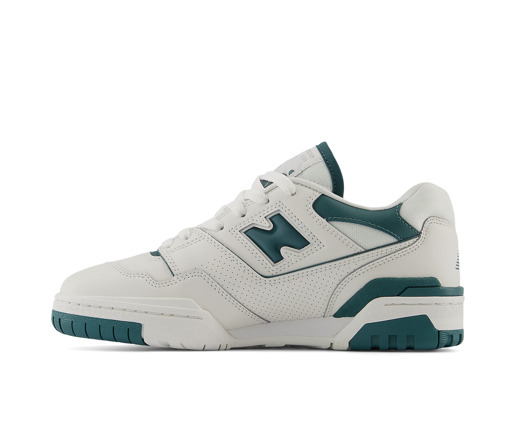 A white and teal leather basketball sneaker from New Balance.