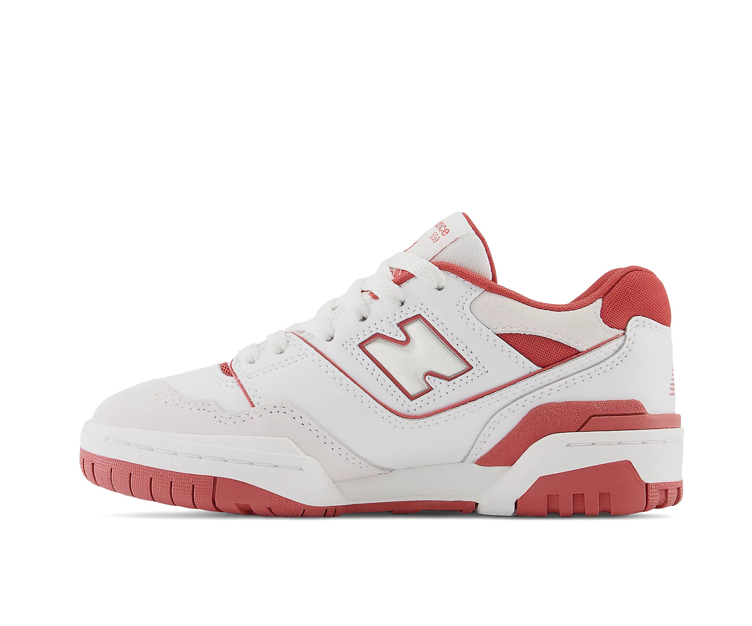 A white and red leather basketball sneaker from New Balance.