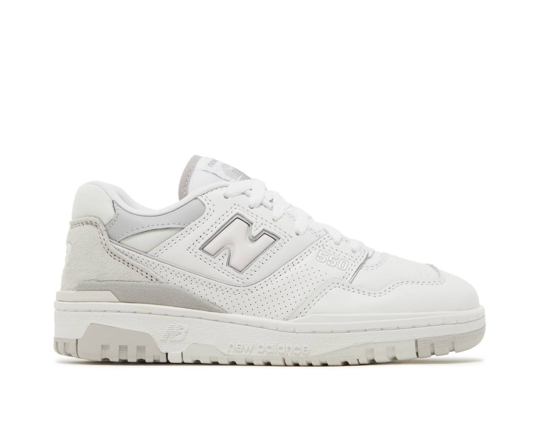 A white leather basketball sneaker from New Balance.